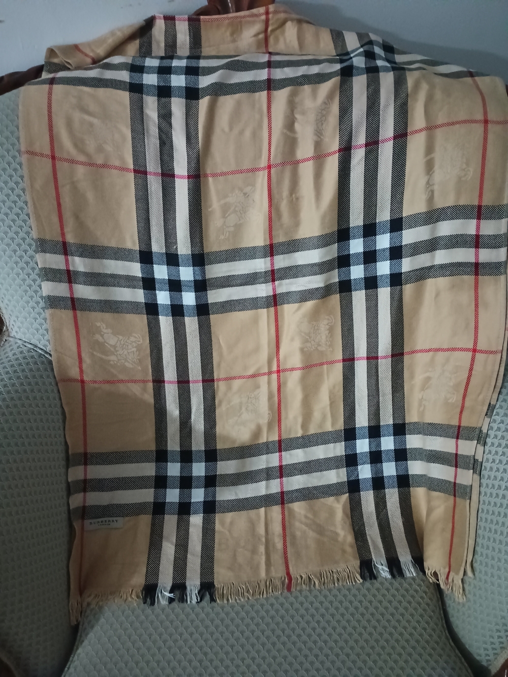 Burberry Tan and Black Plaid Pocket Square with Red Accent
